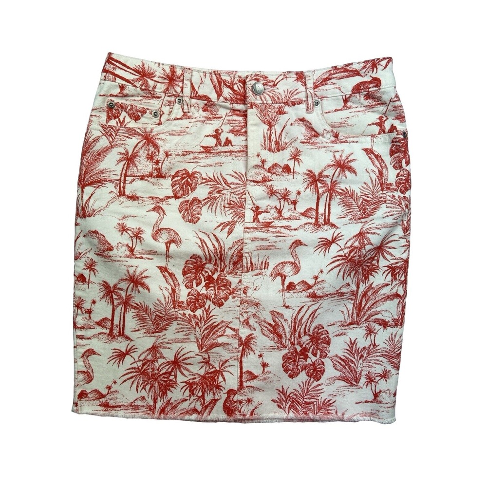 J McLaughlin Skirt Womens 4 Red White Tropical Print Denim Mini Raw Hem Pockets